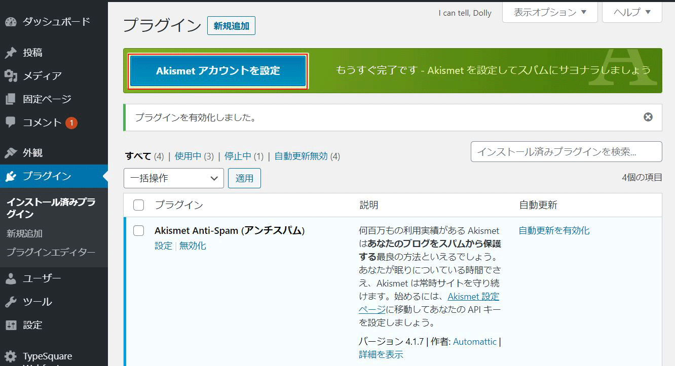 akismet アカウント設定